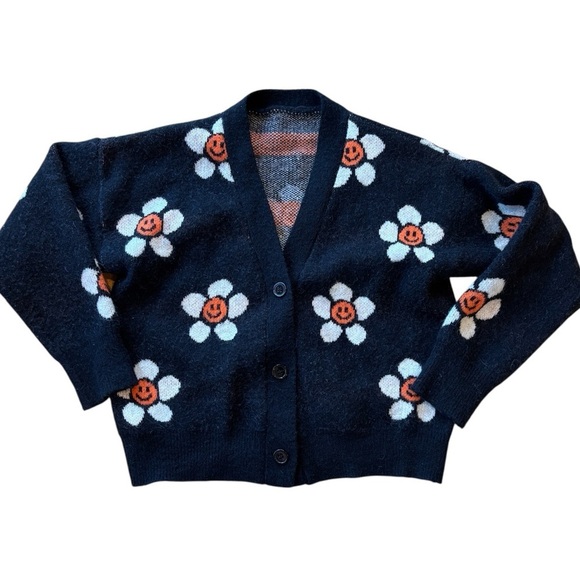YesStyle Sweaters - Smiley Face Flower Cardigan Black White Orange Dopamine Size XS